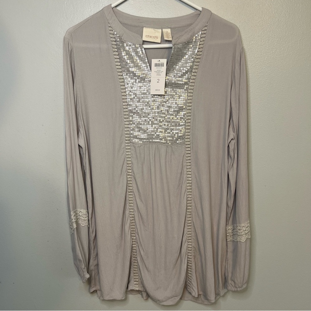 NEW Chico's Womens Sequin Shine Sparkle Henley Tunic Sz L Gray Rayon Flowy